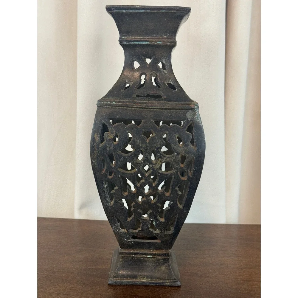 VTG Bronze Hollow Vase Lantern Pierced Cut Work Verdigris 11